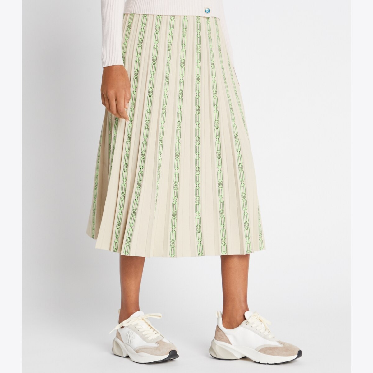 ◆ROCKCAKE◆ Jacquard Pleated Skirt White Jacquard Performance Jersey Pleated Overlay Skirt: Women's