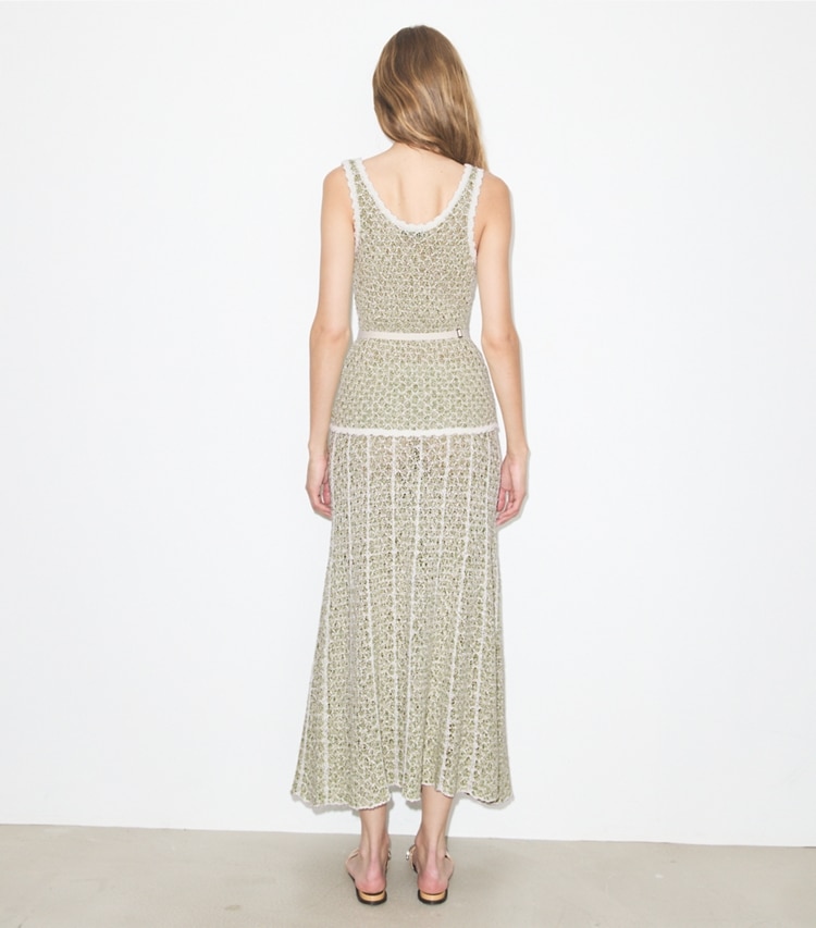 Tory Burch designer bottoms Pleated Knit Skirt in Green / White on model back