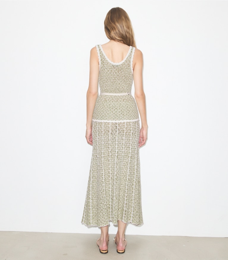 Tory Burch designer bottoms Pleated Knit Skirt in Green / White on model back