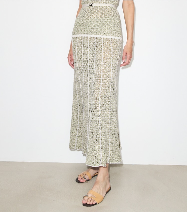 Tory Burch designer bottoms Pleated Knit Skirt in Green / White on model detail