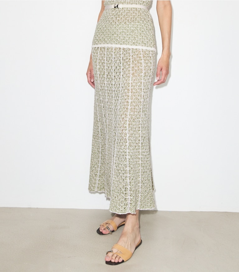 Tory Burch designer bottoms Pleated Knit Skirt in Green / White on model detail