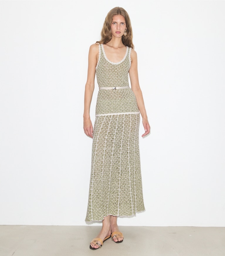 Tory Burch designer bottoms Pleated Knit Skirt in Green / White on model front