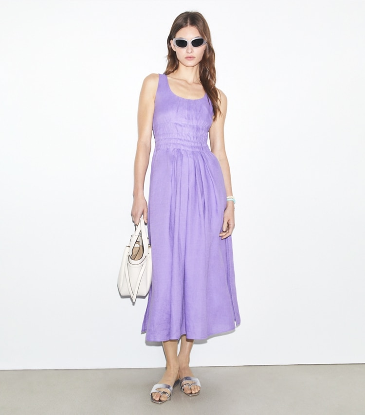 Tory Burch designer coverups Pleated Linen Dress in Purple Thistle on model front