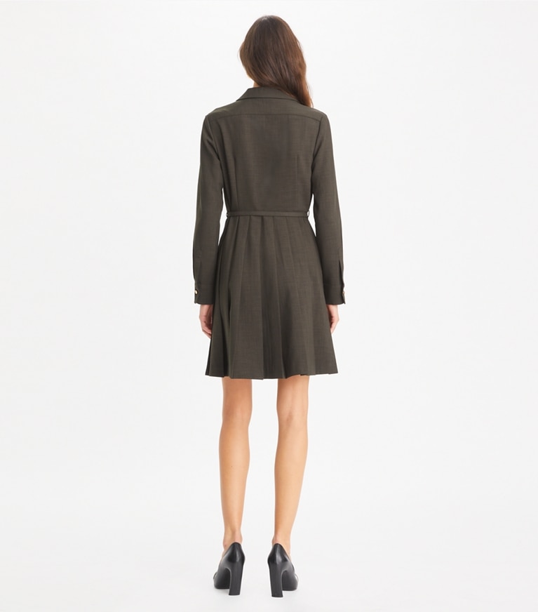 Tory Burch designer dresses Pleated Mélange Dress in Dark Licorice front