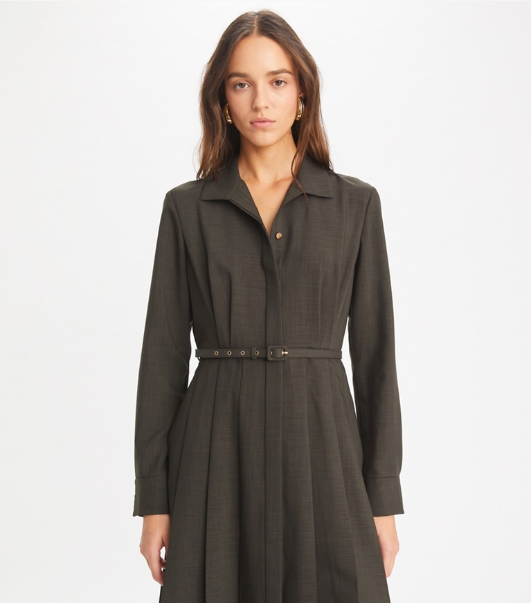 Tory Burch designer dresses Pleated Mélange Dress in Dark Licorice front