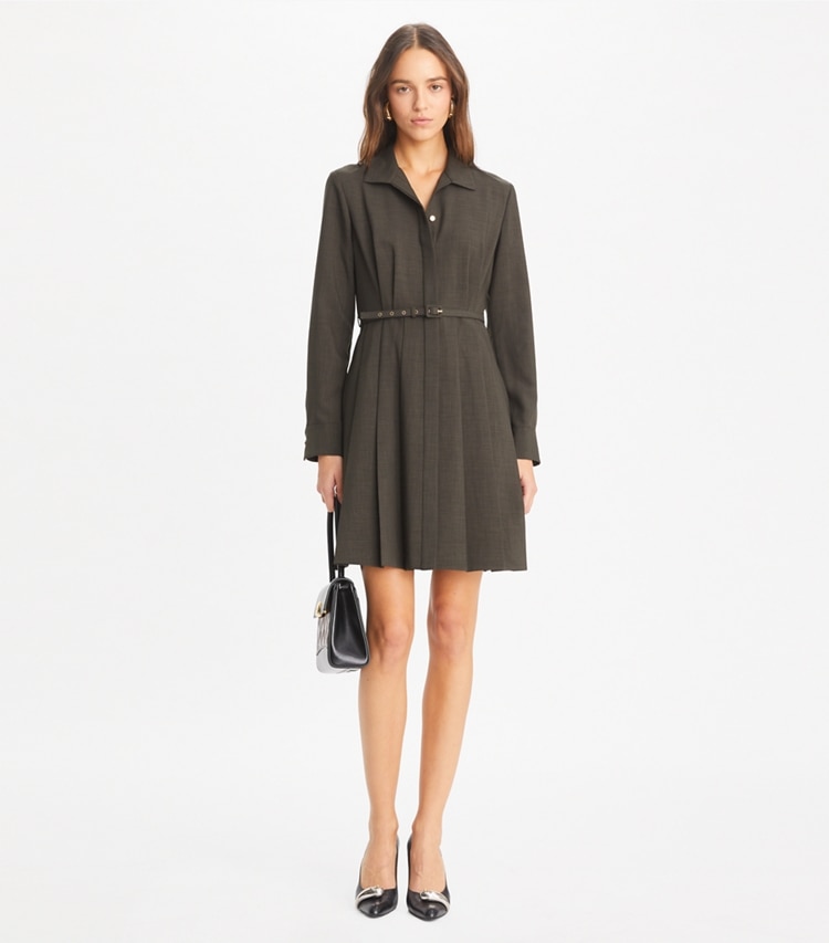 Tory Burch designer dresses Pleated Mélange Dress in Dark Licorice on model front