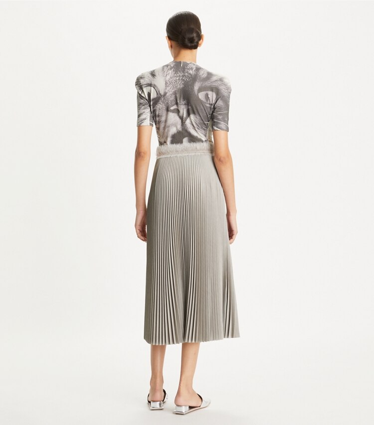 Tory Burch designer bottoms Pleated Melange Viscose Skirt in Melange Light Gray on model back