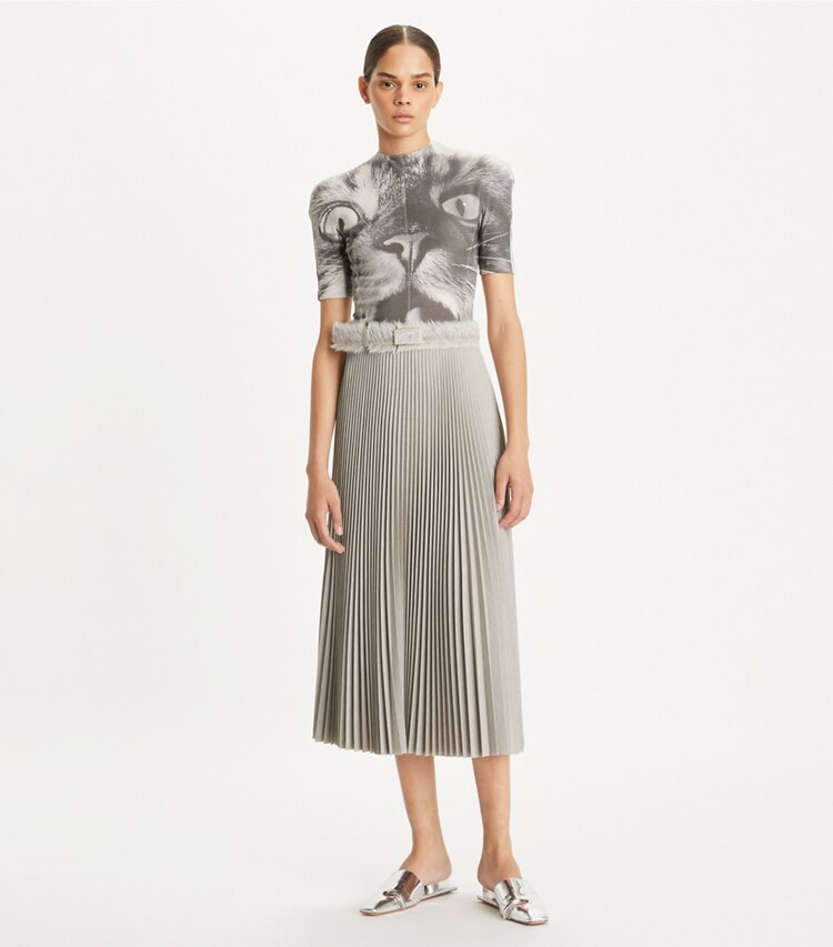 Tory Burch designer bottoms Pleated Melange Viscose Skirt in Melange Light Gray on model front