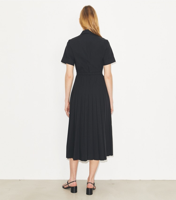 Tory Burch designer dresses Pleated Poplin Shirtdress in Black on model back