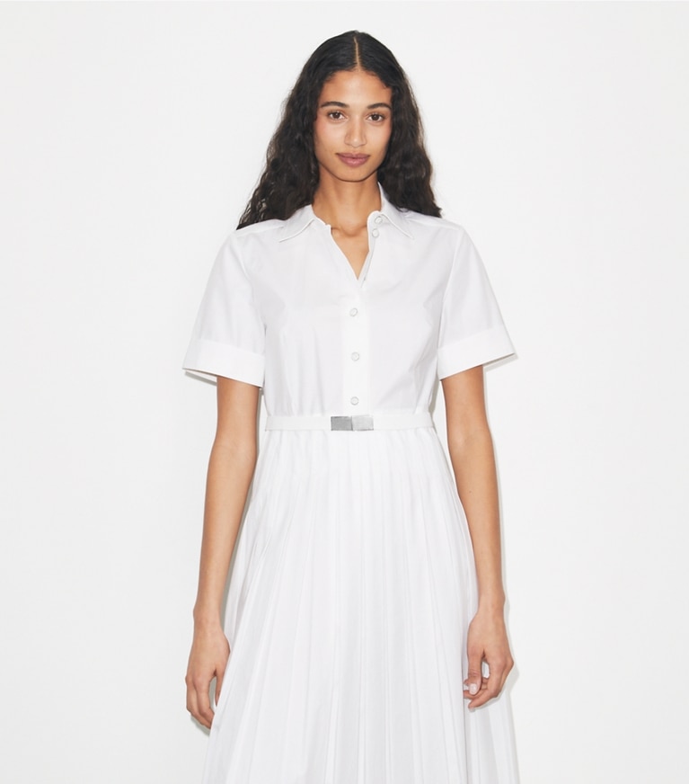Tory Burch designer dresses Pleated Poplin Shirtdress in White on model detail