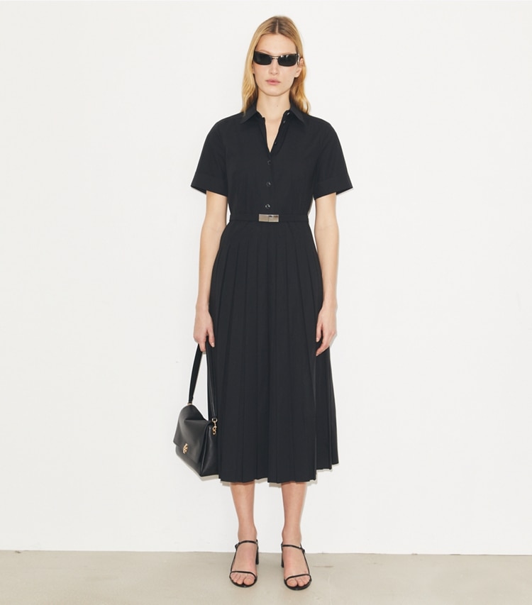 Tory Burch designer dresses Pleated Poplin Shirtdress in Black on model front
