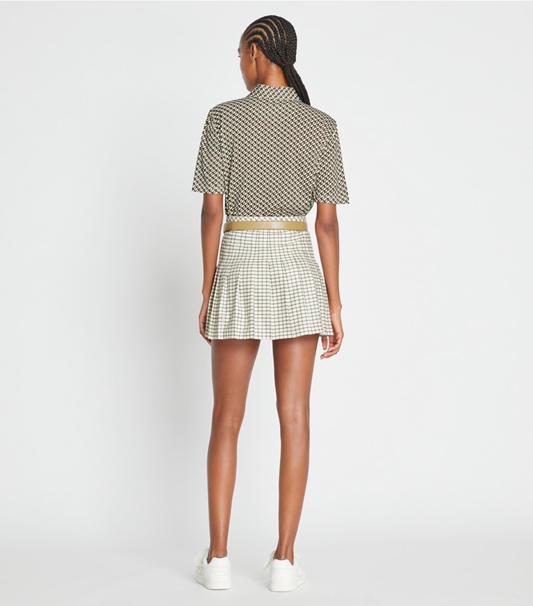 Tory Sport designer bottoms Pleated Printed Tennis Skirt in Sesame Petite Plaid front