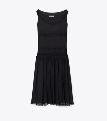 Tory Burch designer dresses Pleated Silk Lace Dress in BLACK front