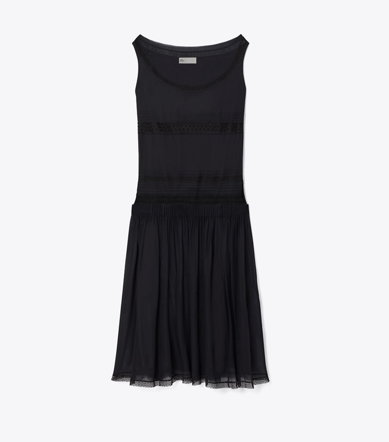 Tory Burch designer dresses Pleated Silk Lace Dress in BLACK front