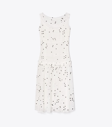 Tory Burch designer dresses Pleated Silk Lace Dress in Black Dots front
