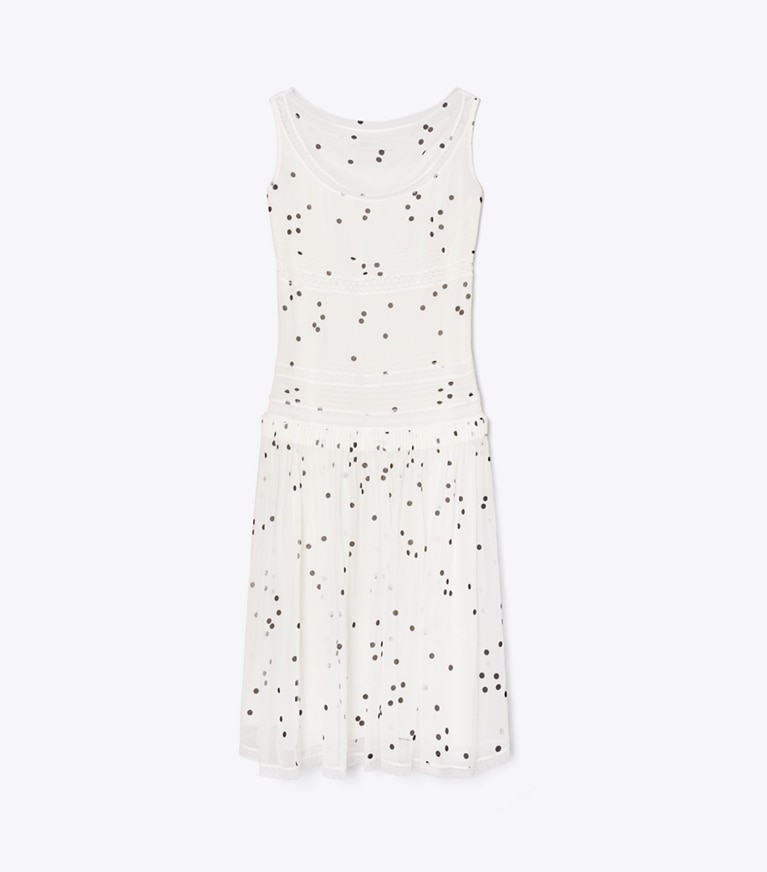 Tory Burch designer dresses Pleated Silk Lace Dress in Black Dots front