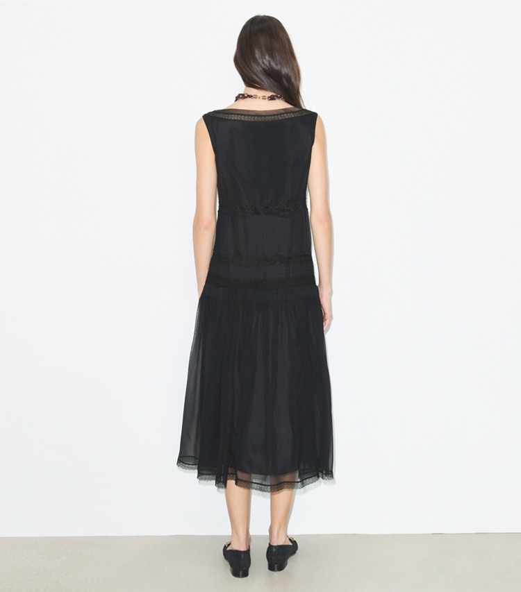 Tory Burch designer dresses Pleated Silk Lace Dress in BLACK on model back