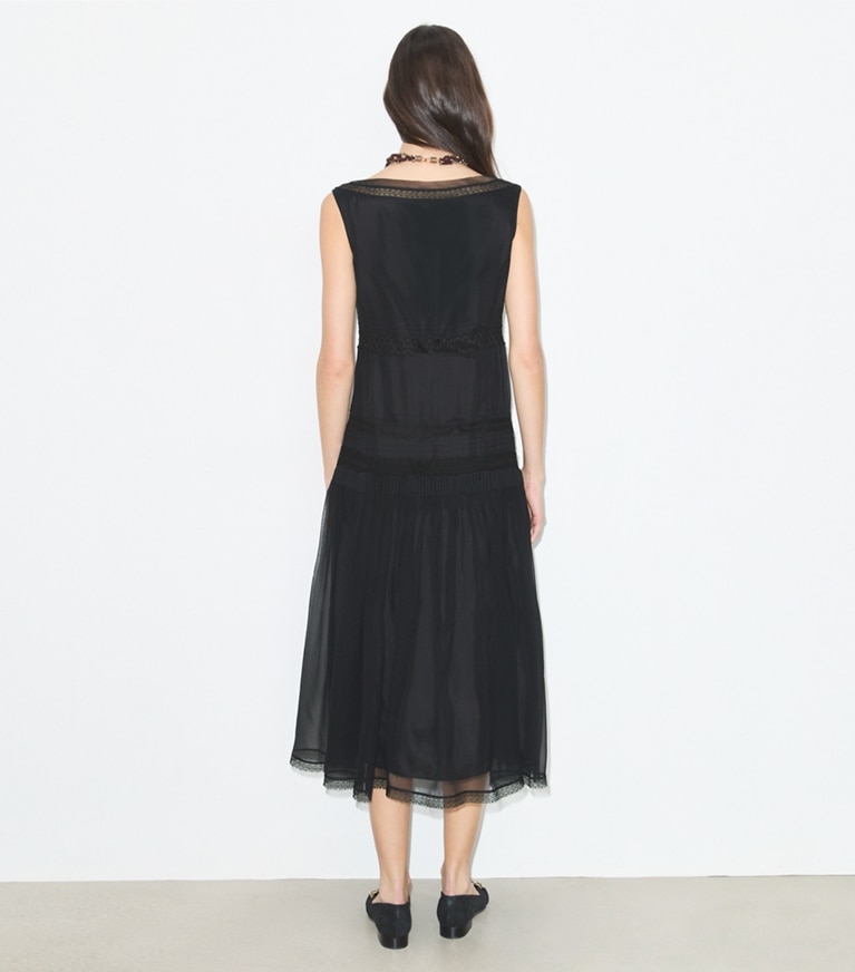 Tory Burch designer dresses Pleated Silk Lace Dress in BLACK on model back