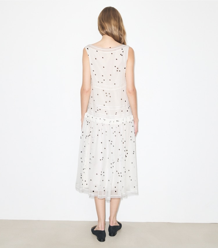 Tory Burch designer dresses Pleated Silk Lace Dress in Black Dots on model back