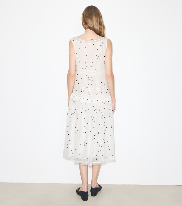 Tory Burch designer dresses Pleated Silk Lace Dress in Black Dots on model back