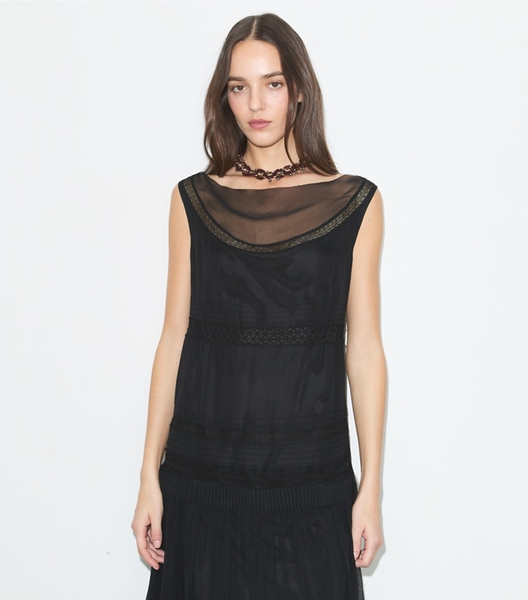 Tory Burch designer dresses Pleated Silk Lace Dress in BLACK on model detail