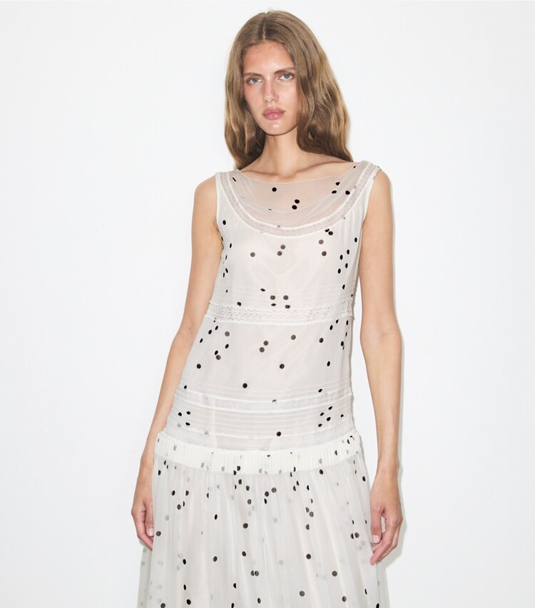 Tory Burch designer dresses Pleated Silk Lace Dress in Black Dots on model detail
