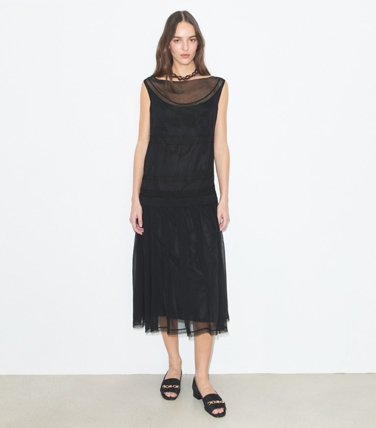 Tory Burch designer dresses Pleated Silk Lace Dress in BLACK on model front