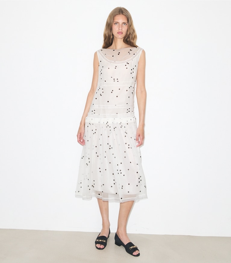 Tory Burch designer dresses Pleated Silk Lace Dress in Black Dots on model front