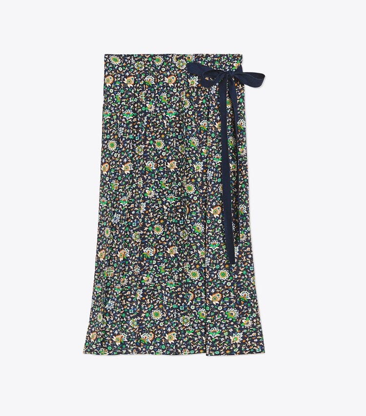 Tory Burch designer bottoms Pleated Silk Wrap Skirt in Navy Soleil front