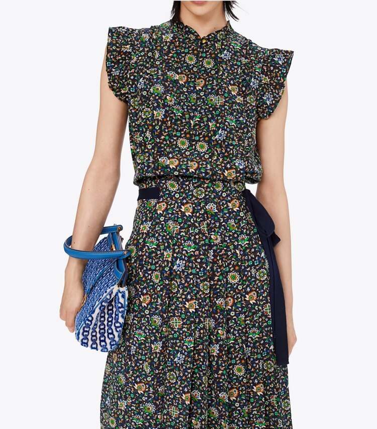 Tory Burch designer bottoms Pleated Silk Wrap Skirt in Navy Soleil on model detail