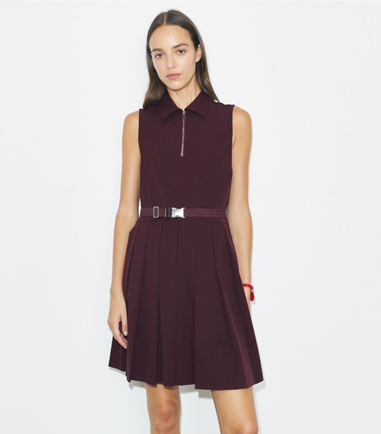Tory Burch designer dresses Pleated Stretch Golf Dress in Dark Sangria front