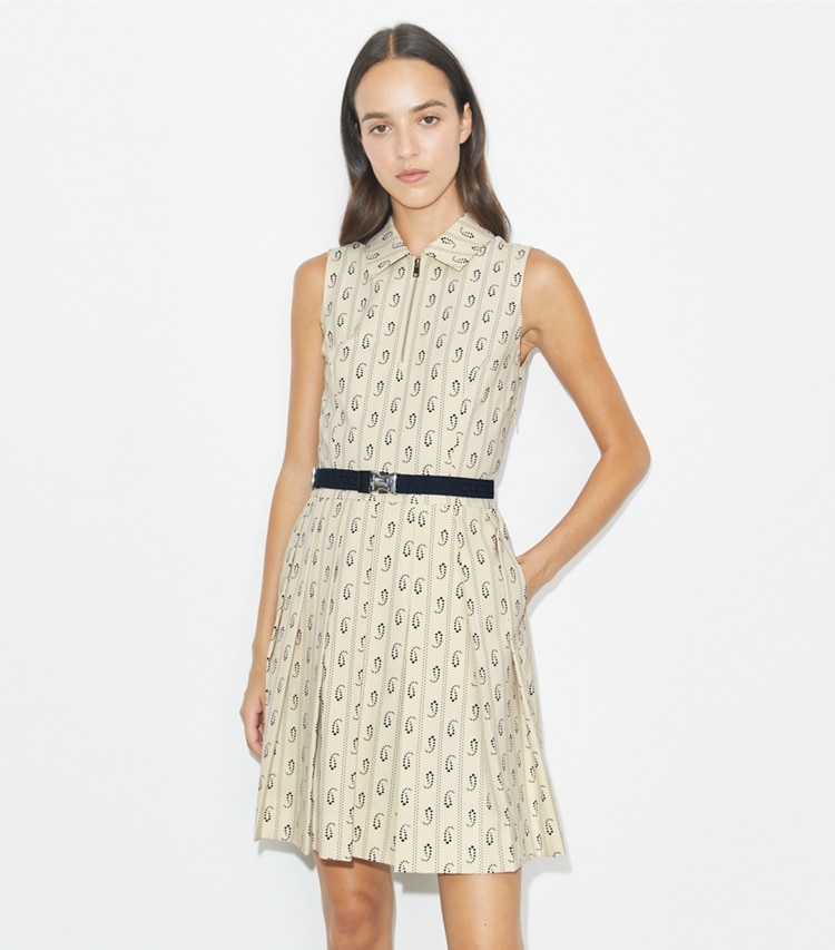 Tory Burch designer dresses Pleated Stretch Golf Dress in Playa Pajama Print on model detail