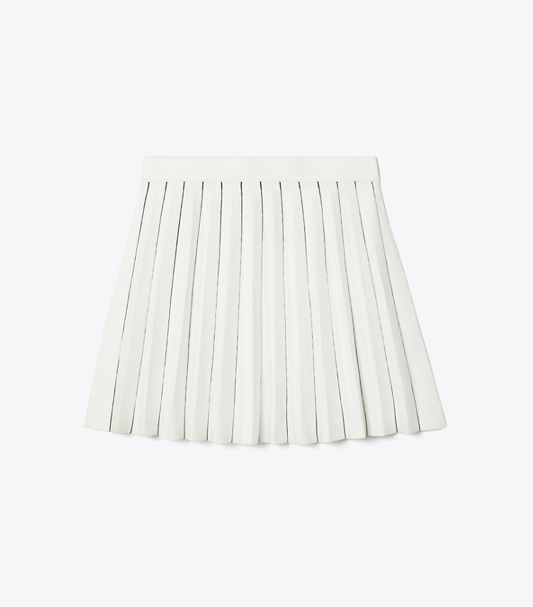 Tory Sport designer bottoms Pleated Tech Knit Skirt in Snow White / Tory Navy front