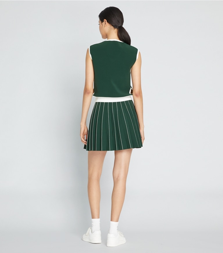 Tory Sport designer bottoms Pleated Tech Knit Skirt in Conifer / Snow White front