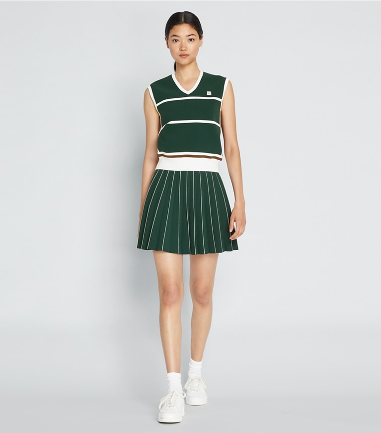 Tory Sport designer bottoms Pleated Tech Knit Skirt in Conifer / Snow White front