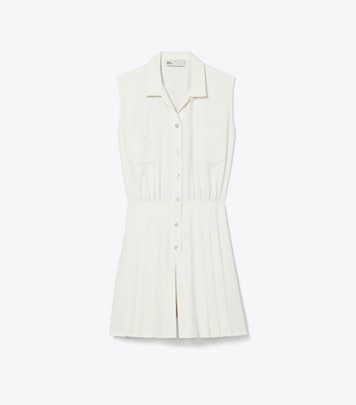 Tory Sport designer jumpsuits & rompers Pleated Twill Dress in Parchment White front