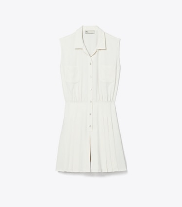 Tory Sport designer jumpsuits & rompers Pleated Twill Dress in Parchment White front