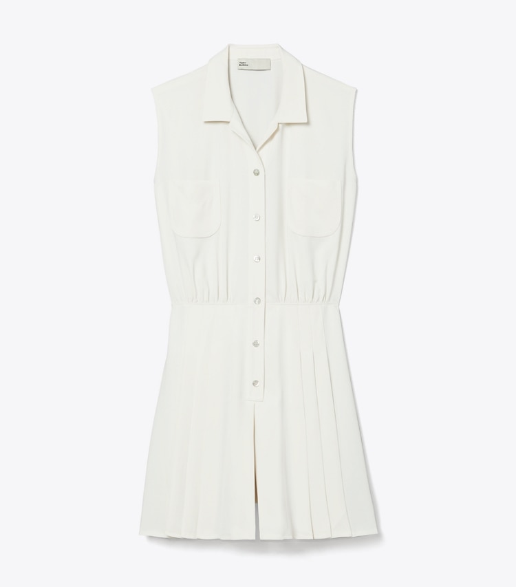 Tory Sport designer jumpsuits & rompers Pleated Twill Dress in Parchment White front