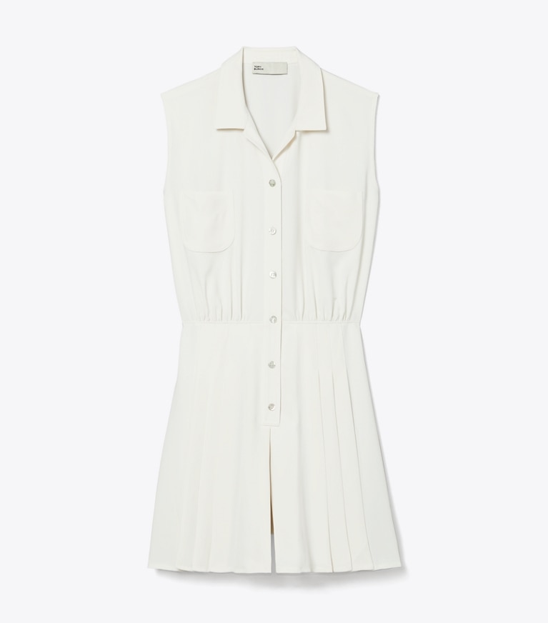 Tory Sport designer jumpsuits & rompers Pleated Twill Dress in Parchment White front