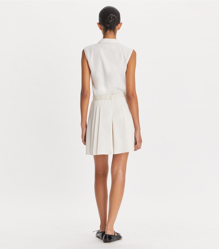 Tory Sport designer jumpsuits & rompers Pleated Twill Dress in Parchment White on model back