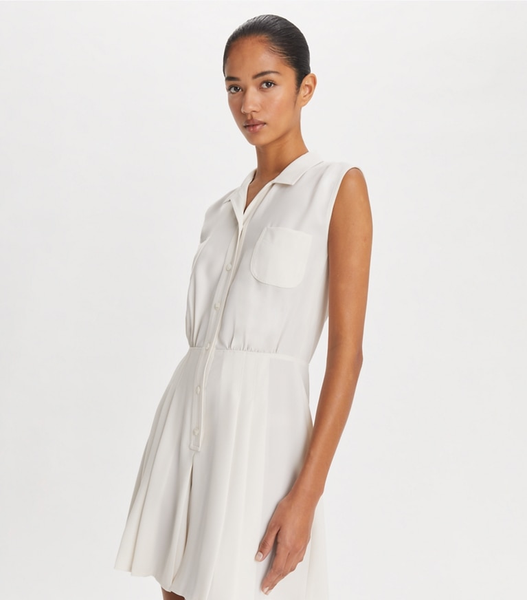 Tory Sport designer jumpsuits & rompers Pleated Twill Dress in Parchment White front