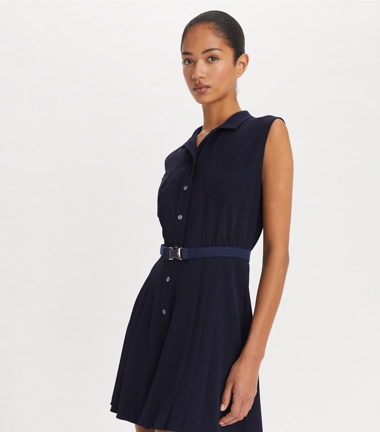 Tory Sport designer jumpsuits & rompers Pleated Twill Dress in Midnight Ink front