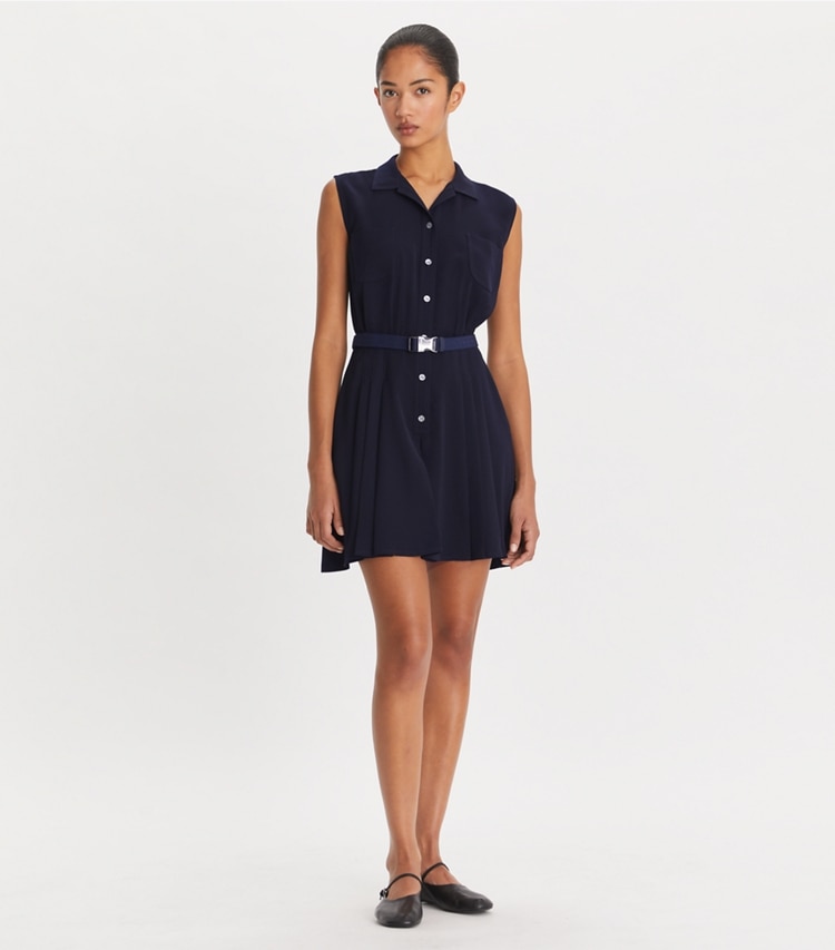 Tory Sport designer jumpsuits & rompers Pleated Twill Dress in Midnight Ink on model front