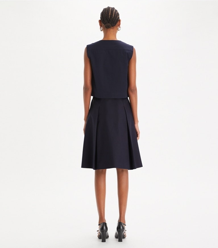 Tory Burch designer bottoms Pleated Twill Skirt in Medium Navy front