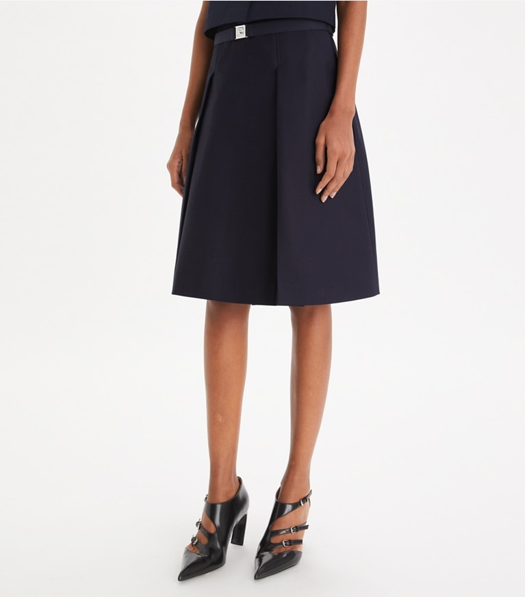 Tory Burch designer bottoms Pleated Twill Skirt in Medium Navy front