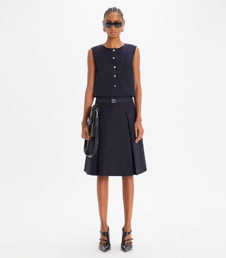 Tory Burch designer bottoms Pleated Twill Skirt in Medium Navy front