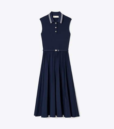 Tory Burch designer dresses Pleated Viscose Dress in Tory Navy front