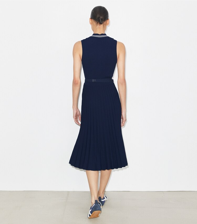Tory Burch designer dresses Pleated Viscose Dress in Tory Navy on model back