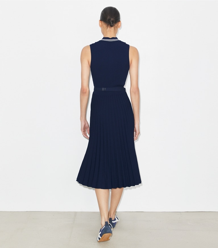 Tory Burch designer dresses Pleated Viscose Dress in Tory Navy front
