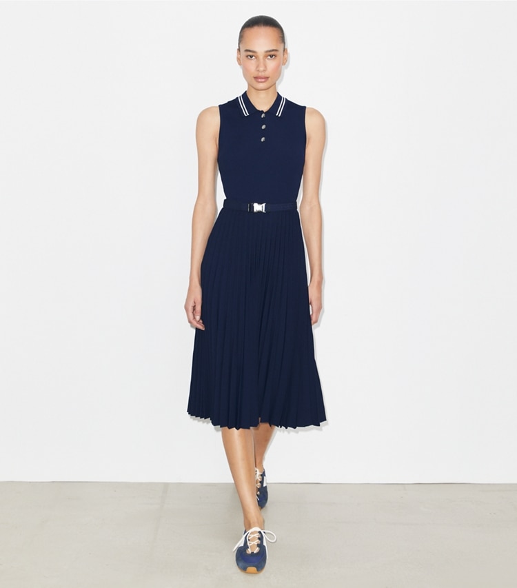 Tory Burch designer dresses Pleated Viscose Dress in Tory Navy on model front